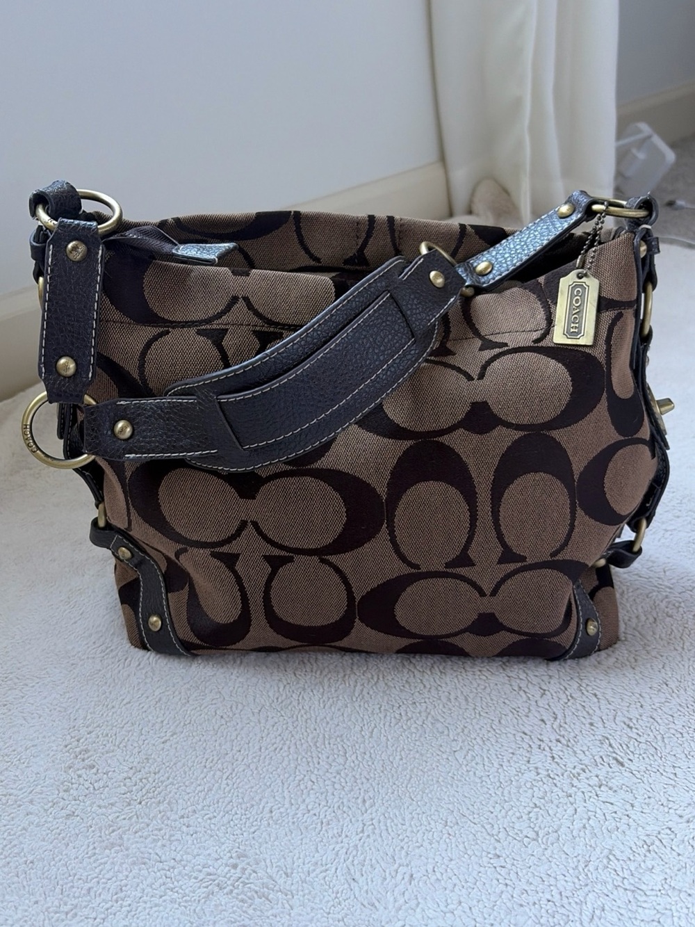 Vintage Y2K Coach Signature Carly Hobo Bag in Brown Canvas and Leather Trim